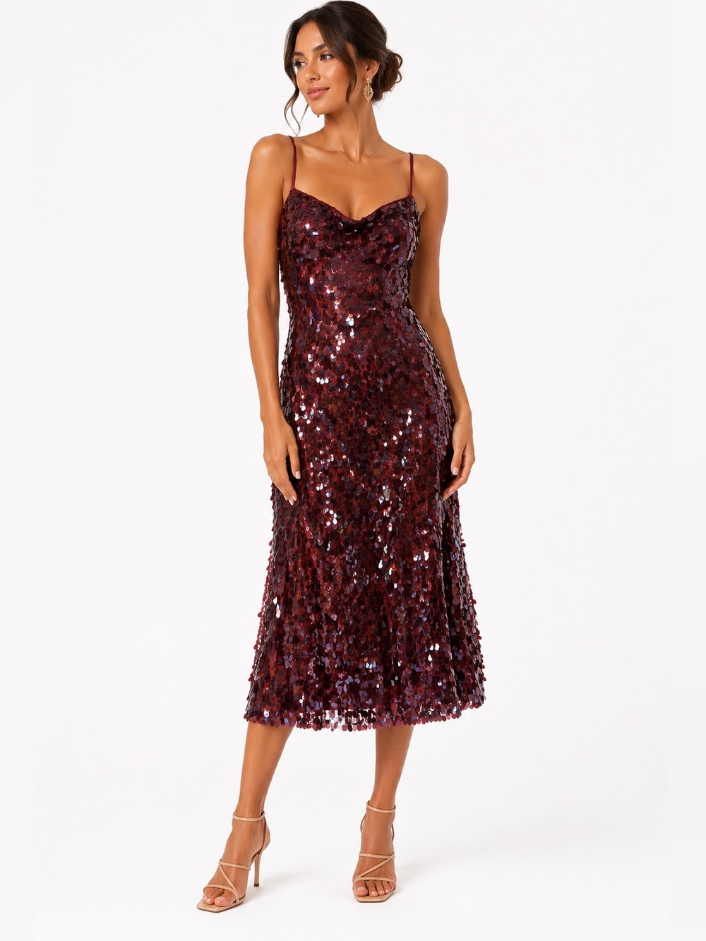 Avec Les Filles Burgundy Iridescent Sequin Midi Dress Size 12 Holiday